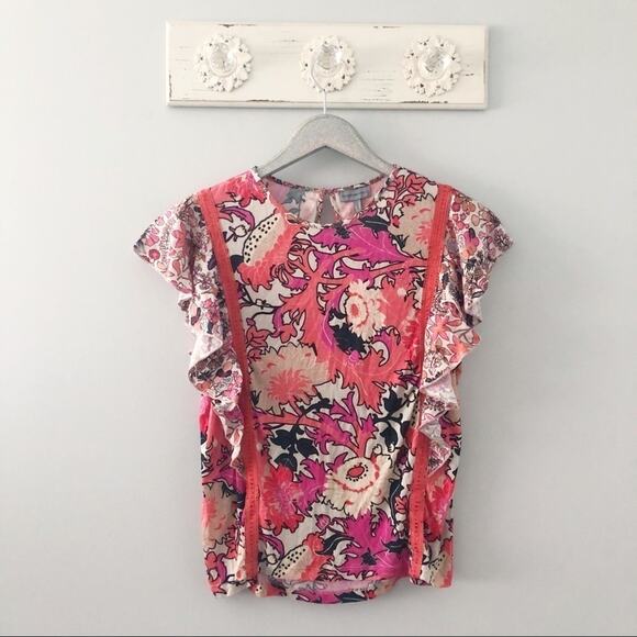 Anthropologie Conditions Apply Zofana Top Pink Floral Ruffle NEW - Picture 1 of 8
